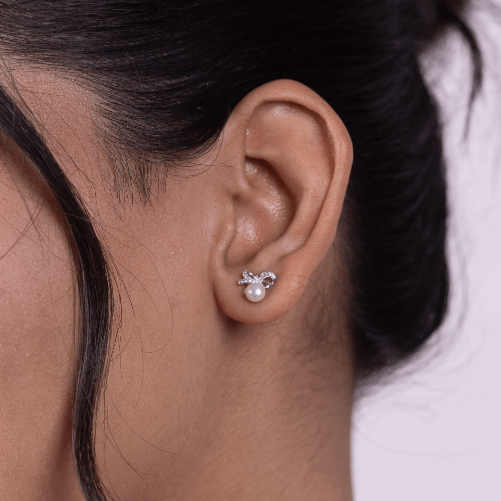 Diamond Bow Pearl Stud Earrings