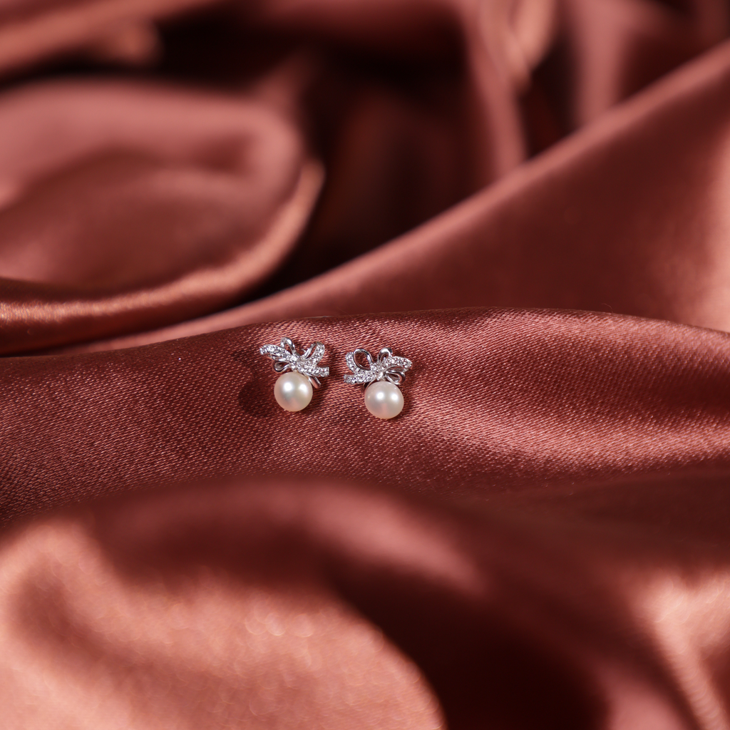 Diamond Bow Pearl Stud Earrings